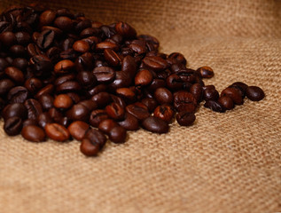 Coffee beans on burlap.