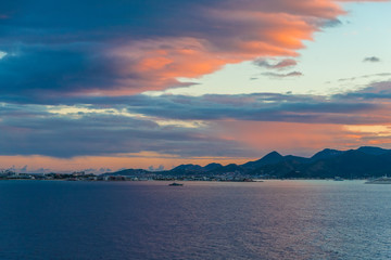 Hills and Ships Against a Tropical Sunrise in the Caribbean