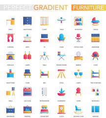 Vector set of trendy flat gradient interior furniture icons.