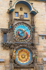 Prague Astronomical Clock close up view. The clock was taken down for reconstruction and replaced by a LED screen in early 2018 and the wooden statues were covered with a net to keep pigeons away. 