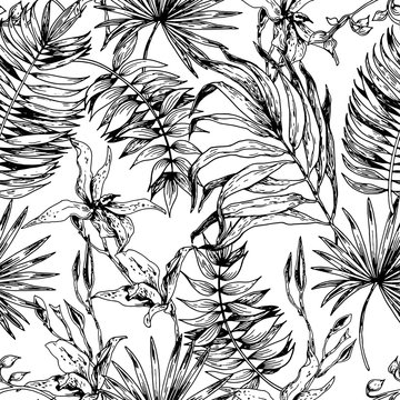 Seamless pattern with tropical leaves and flowers. Hand drawn vector on white background.