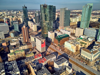 Fototapeta premium Beautiful panoramic aerial drone view to panorama cityscape of Warsaw modern City, 