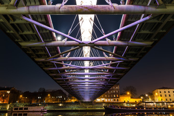 Bernatka footbridge over Vistula river at night, Krakow, Poland