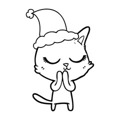 calm line drawing of a cat wearing santa hat
