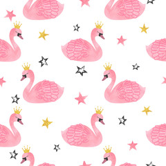 Seamless vector watercolor swan princess pattern.