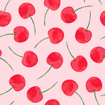 Watercolor cherry pattern. Vector seamless background.