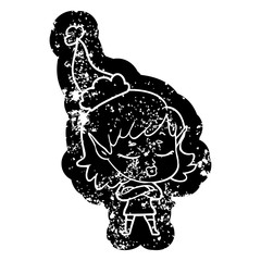 pretty cartoon distressed icon of a elf girl wearing santa hat
