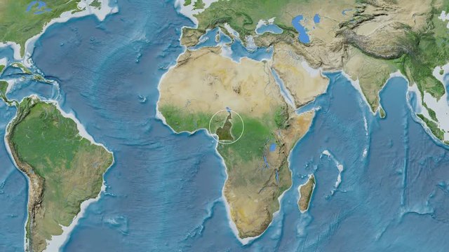 Cameroon area presented against the global satellite map in the Kavrayskiy VII projection with animated oblique transformation