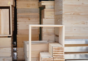  Beekeeping fair.  Beehives exposition. Beekeeping equipment, wooden components for beehives.