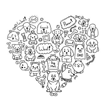 Vector image of love dogs with different doodle dogs in heart shape. Cute doodle illustration of cure dogs on white background.