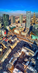 WARSAW, POLAND - FEBRUARY 23, 2019: Beautiful panoramic aerial drone view to the center of Warsaw...