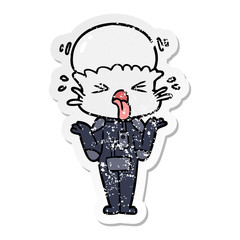 distressed sticker of a weird cartoon alien shrugging shoulders