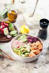 Poke bowl, traditional Hawaiian raw fish salad