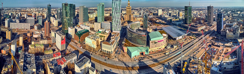 WARSAW, POLAND - FEBRUARY 23, 2019: Beautiful panoramic aerial drone view to the center of Warsaw...