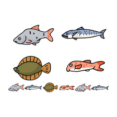 Cute english fish cartoon vector illustration motif set.