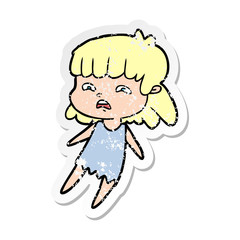 distressed sticker of a cartoon worried woman