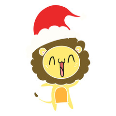 happy flat color illustration of a lion wearing santa hat