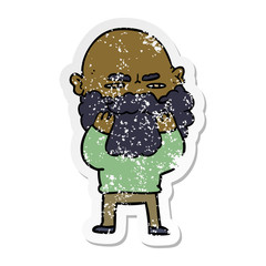 distressed sticker of a cartoon man with beard frowning checking his beard