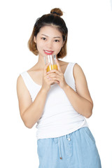 Chinese woman drinking orange juice isolated on white background