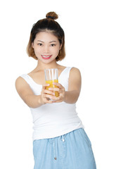 Chinese woman drinking orange juice isolated on white background