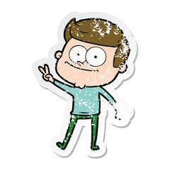 distressed sticker of a cartoon happy man
