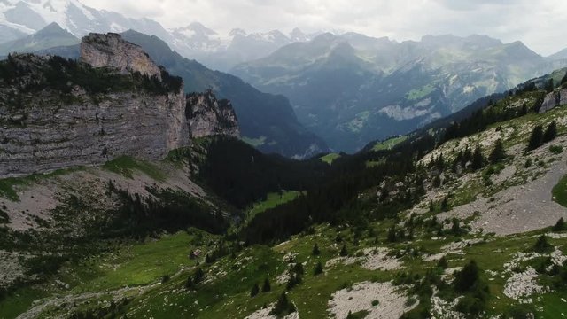 Aerial, side of mountain in Wengen, Switzerland