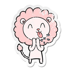 distressed sticker of a happy cartoon lion