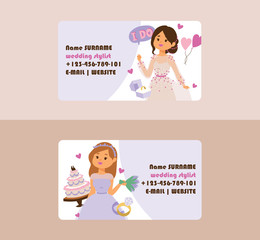 Wedding vector business card bridesmaid woman character in wedding dress wearing bridal dressing accessories illustration backdrop of bride girl celebrating marriage business-card background