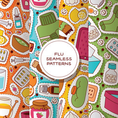 Flu seamless pattern vector sick character with fever and illness and sneezing nose illustration backdrop sticker set of sickness and medical treatment signs with medicines background