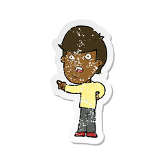 retro distressed sticker of a cartoon shocked man pointing