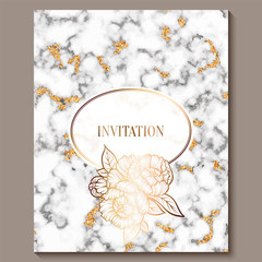 Luxury and elegant wedding invitation cards with marble texture and gold glitter background. Modern wedding invitation decorated with peony flowers