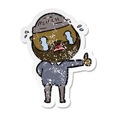 distressed sticker of a cartoon bearded man crying