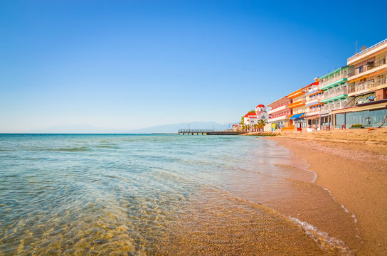 Beautiful Paralia Katerini beach and church, Greece