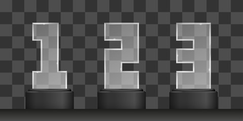 Realistic transparent glass trophy award. Championship prize vector illustration set.