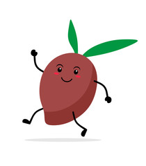 Funny running kawai olive with leaves. Vector illustration on white background.