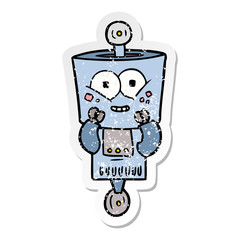 distressed sticker of a happy cartoon robot