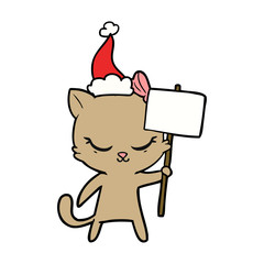 cute line drawing of a cat with sign wearing santa hat