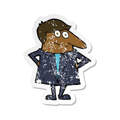 retro distressed sticker of a cartoon happy man in suit