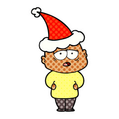 comic book style illustration of a tired bald man wearing santa hat