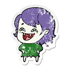 distressed sticker of a cartoon laughing vampire girl