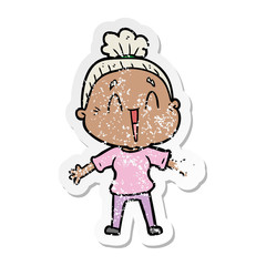 distressed sticker of a cartoon happy old lady