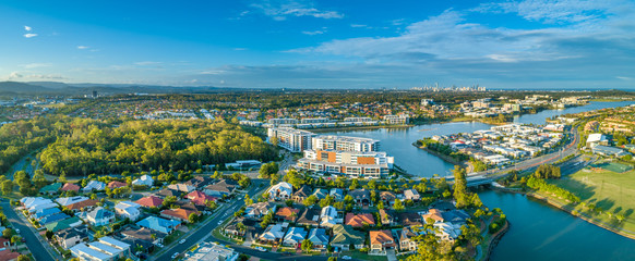 Aerial panorama of luxury real estate at Varsity Lakes suburb on Gold Coast, Queensland, Australia - obrazy, fototapety, plakaty