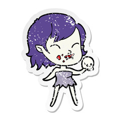 Obraz premium distressed sticker of a cartoon vampire girl with blood on cheek