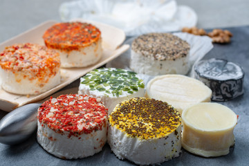 Assortment of French fresh white soft goat cheeses with different tastes topping made with herbs, paprika, indian curry, bruscetta, chives and dried tomatoes