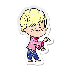 distressed sticker of a cartoon frustrated woman