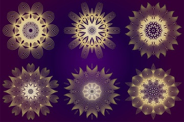 Set of Modern Decorative Floral Mandala. Decorative Cicle Ornament. Floral Design. Vector Illustration. Can Be Used For Textile, Greeting Card, Coloring Book, Phone Case Print. Purple gold color