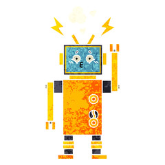 retro illustration style cartoon malfunctioning robot