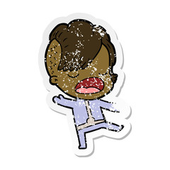 distressed sticker of a cartoon cool hipster girl in space suit