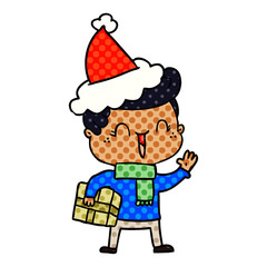 comic book style illustration of a laughing boy wearing santa hat