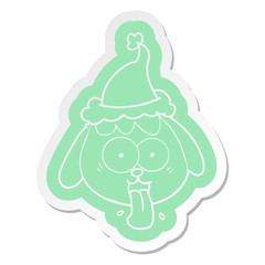cartoon  sticker of a dog face panting wearing santa hat